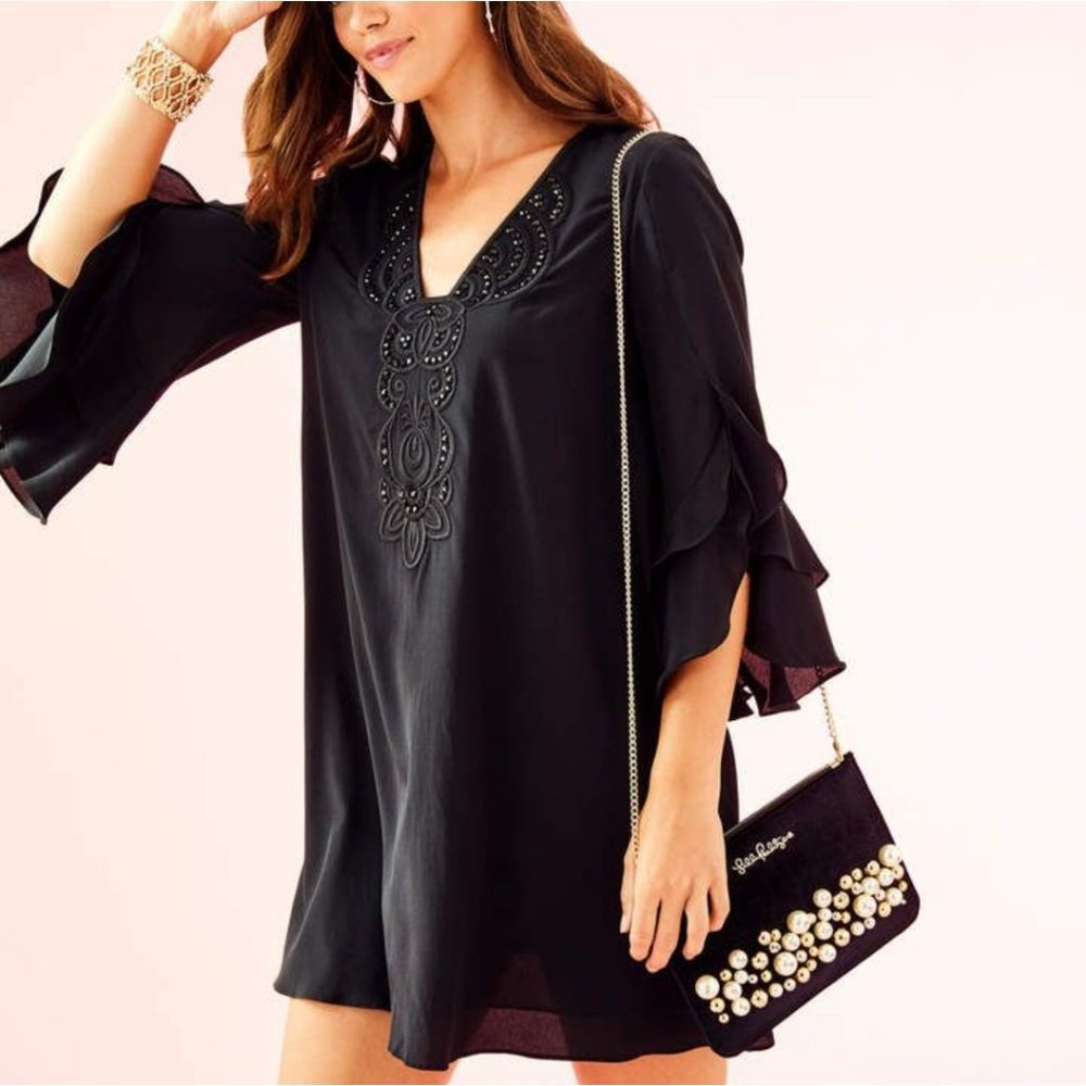 Lilly Pulitzer Black V-Neck Embellished Ruffle Sleeve Dress